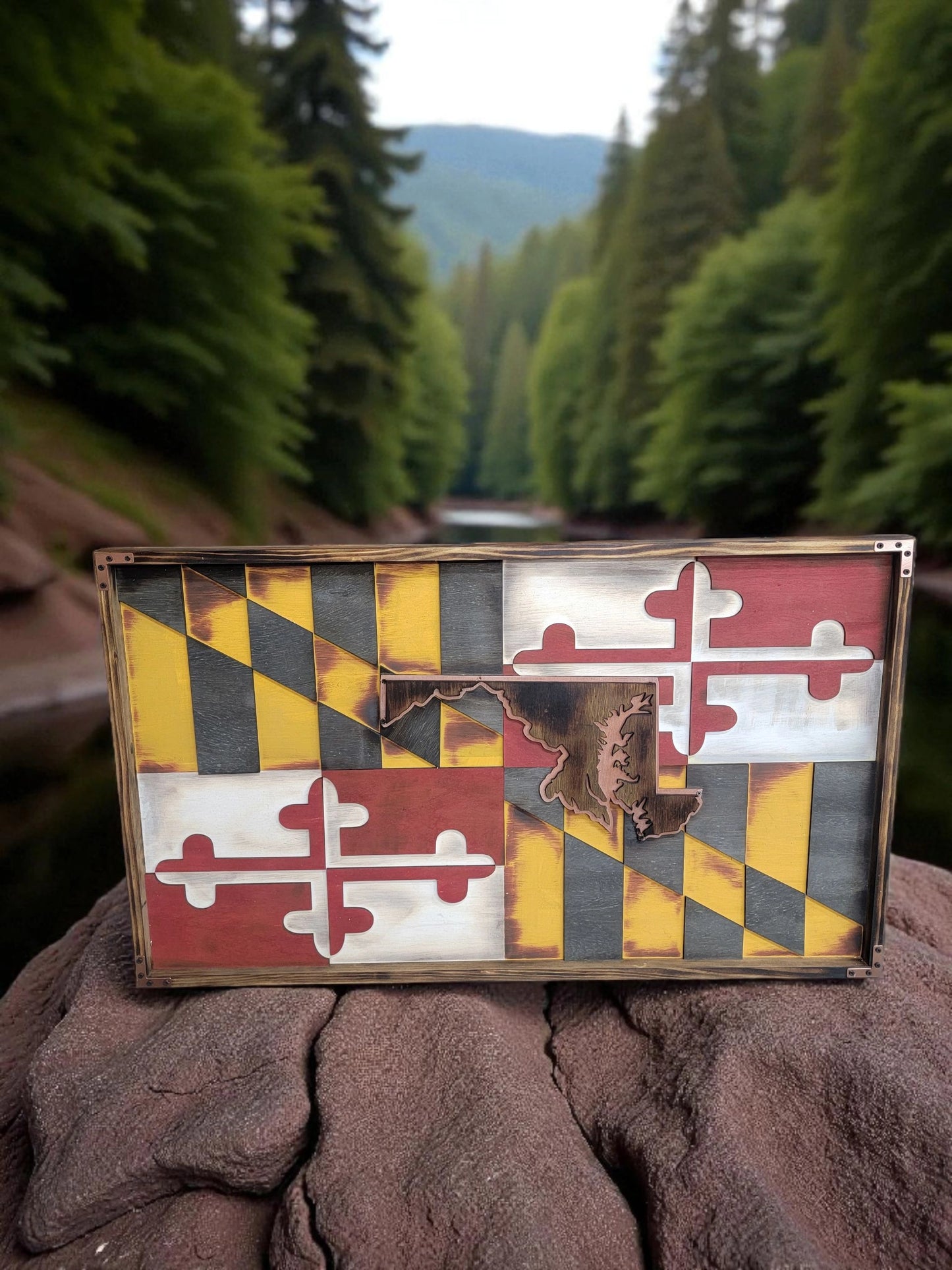 Handcrafted Wooden Maryland Flag with MD state