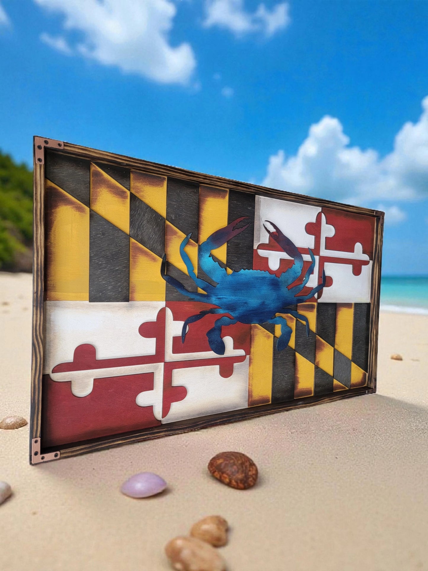 Handcrafted Wooden Maryland Flag with Blue Crab