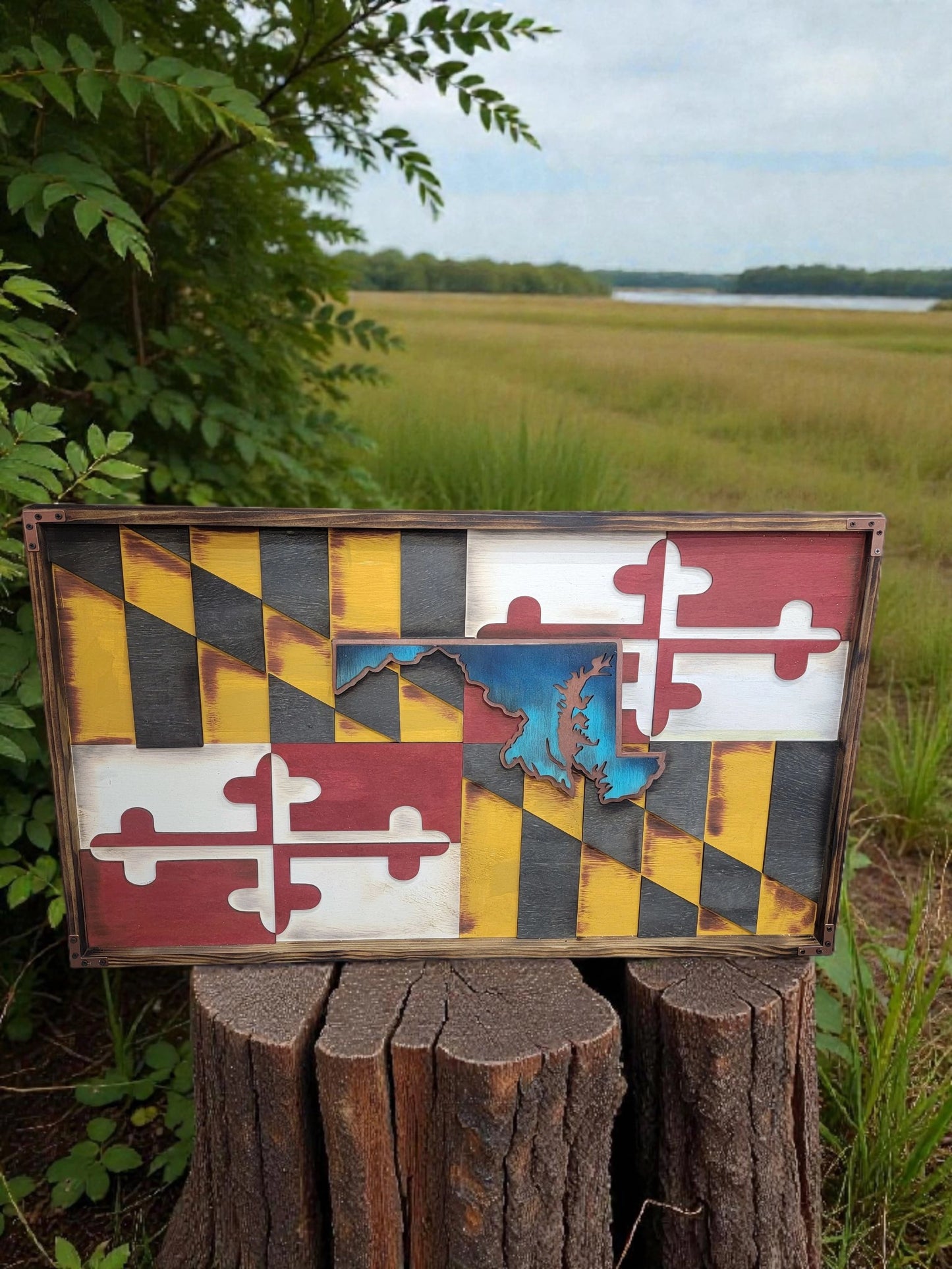 Handcrafted Wooden Maryland Flag with MD state