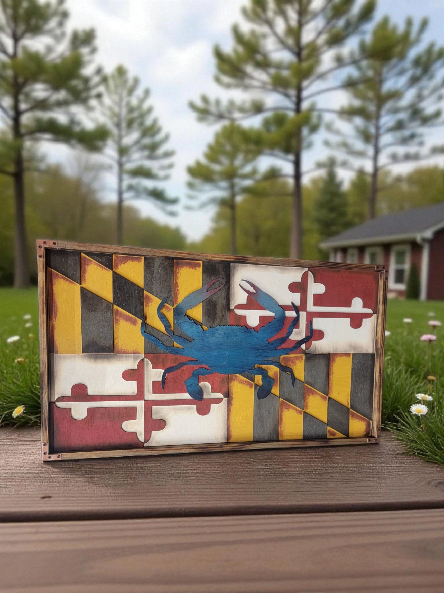 Handcrafted Wooden Maryland Flag with Blue Crab